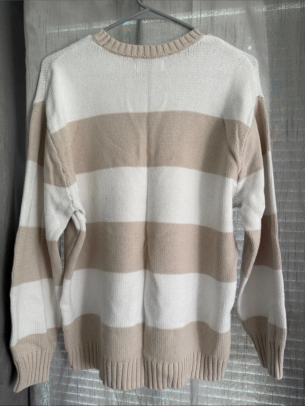 Hollister Cream and Tan Striped Crewneck Sweater